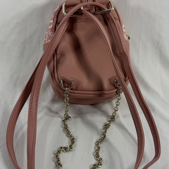 GUESS Mini Backpack Pink Logo Print Faux Leather with a Gold Tone Chain Strap - Picture 5 of 8